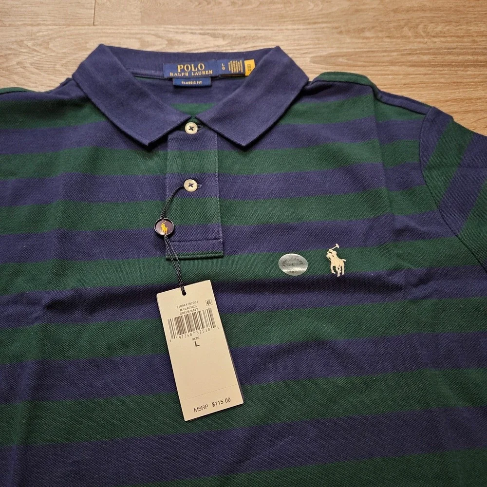 NWT Polo Ralph Lauren Classic Fit Striped Mesh Polo Shirt Green Navy Men's L